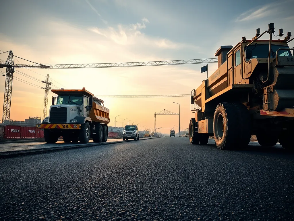 Heavy machinery and trucks involved in asphalt installation for DIY and professional projects