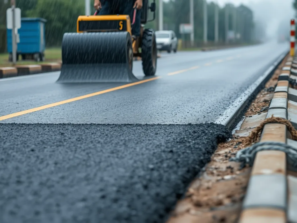 Machinery laying asphalt on a wet road during rain, illustrating the challenges of asphalt installation in wet conditions.