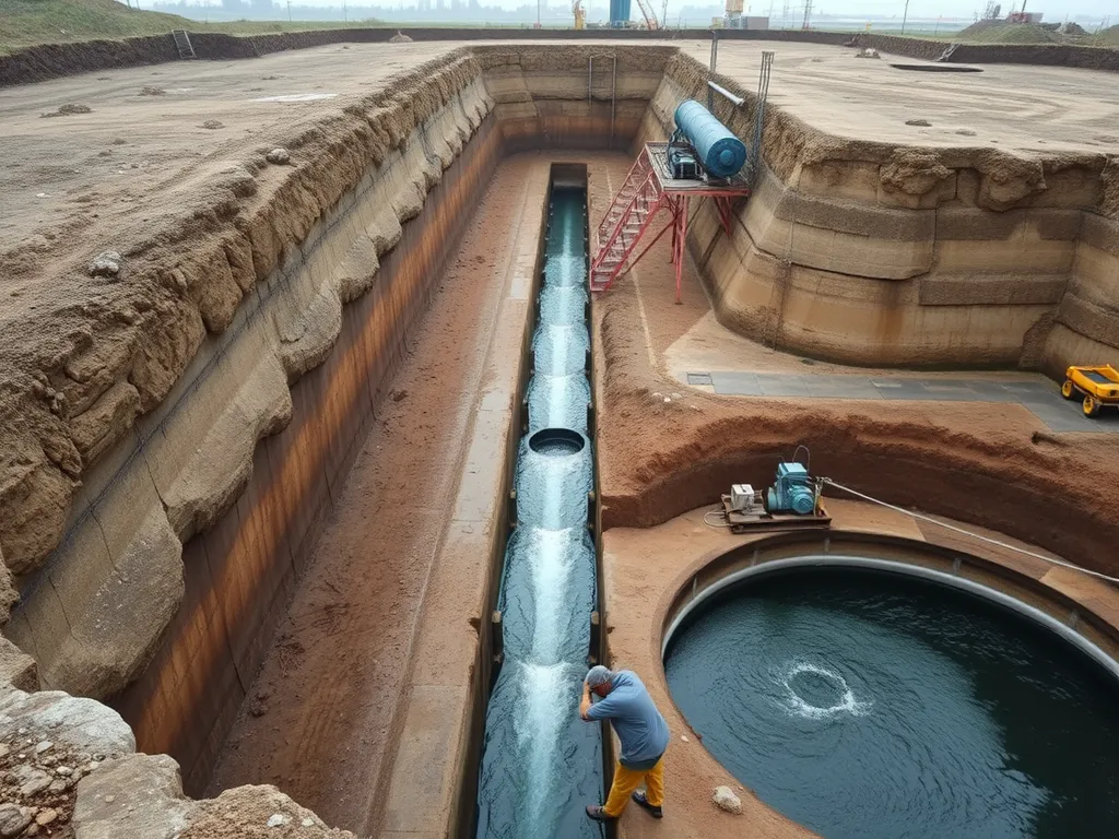 Construction site showing wet ground conditions, related to laying asphalt.