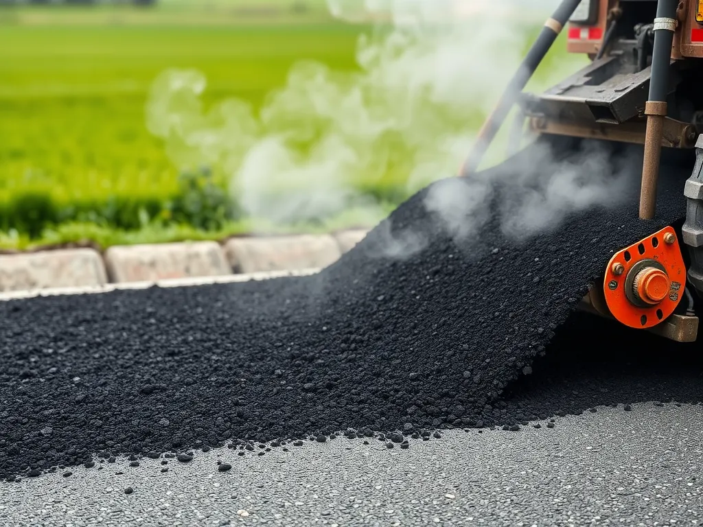 Hot asphalt being laid over cracked concrete surface for repair.