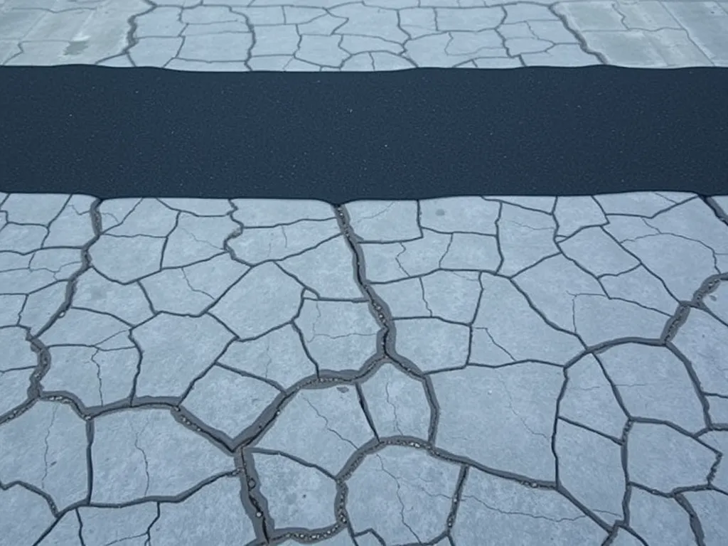 Close-up of asphalt applied over cracked concrete surface, demonstrating the process of asphalt installation on damaged concrete.