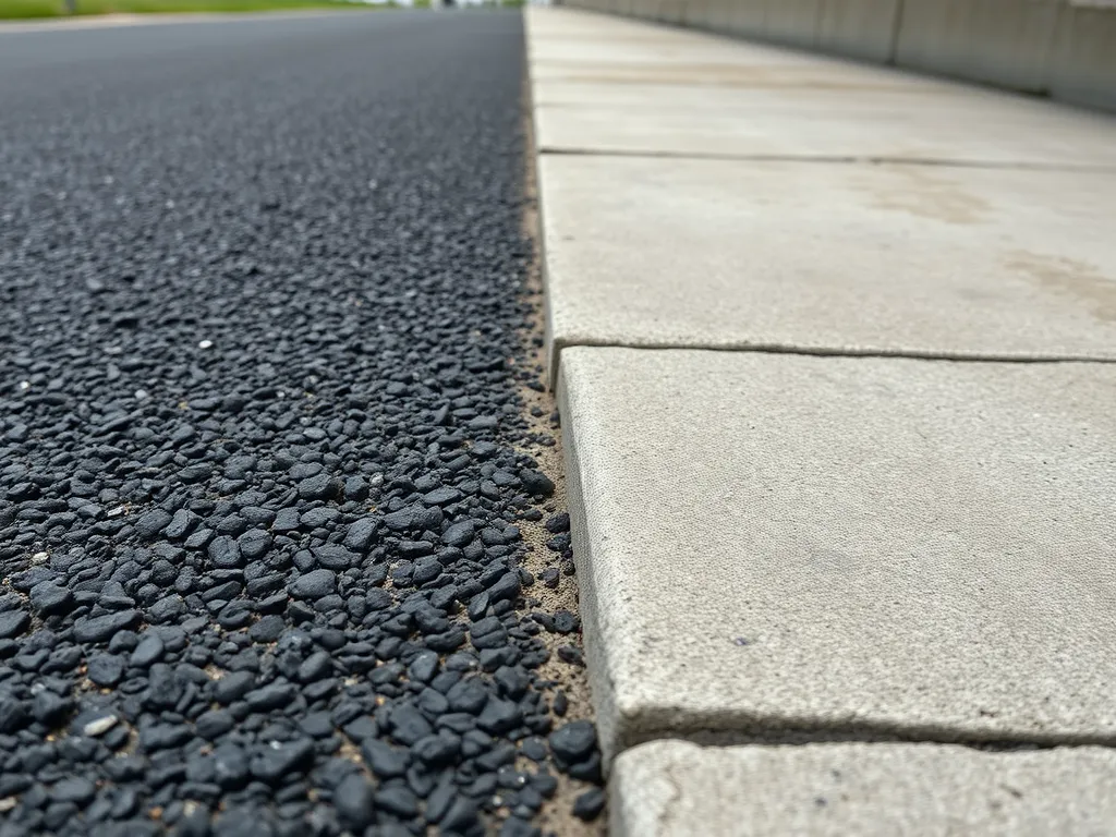 Close-up view of asphalt laid over concrete demonstrating the transition between the two surfaces.