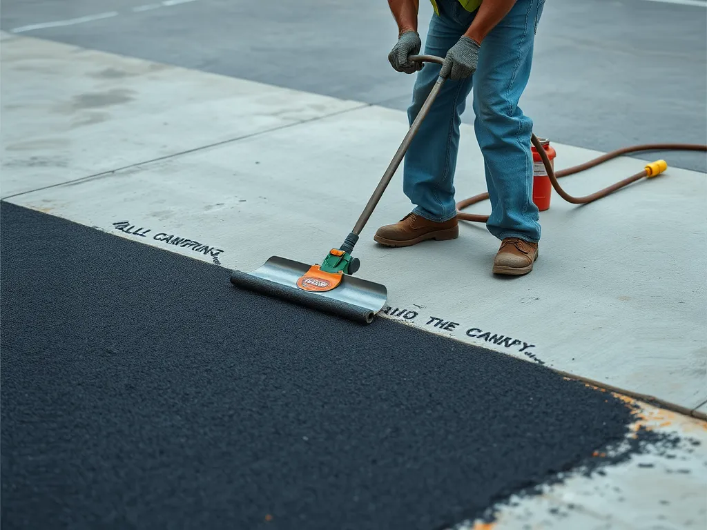 Worker laying asphalt over concrete surface, showcasing the process of asphalt installation.