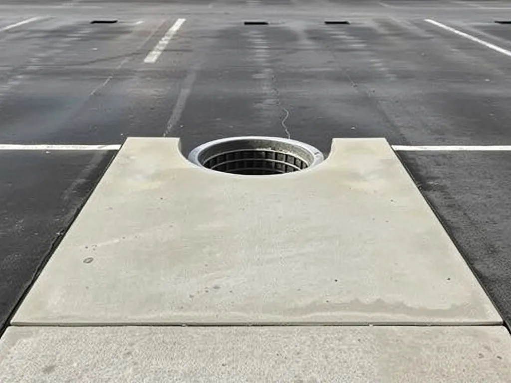 Image showing a concrete surface with a drainage feature, illustrating considerations for laying asphalt over concrete.