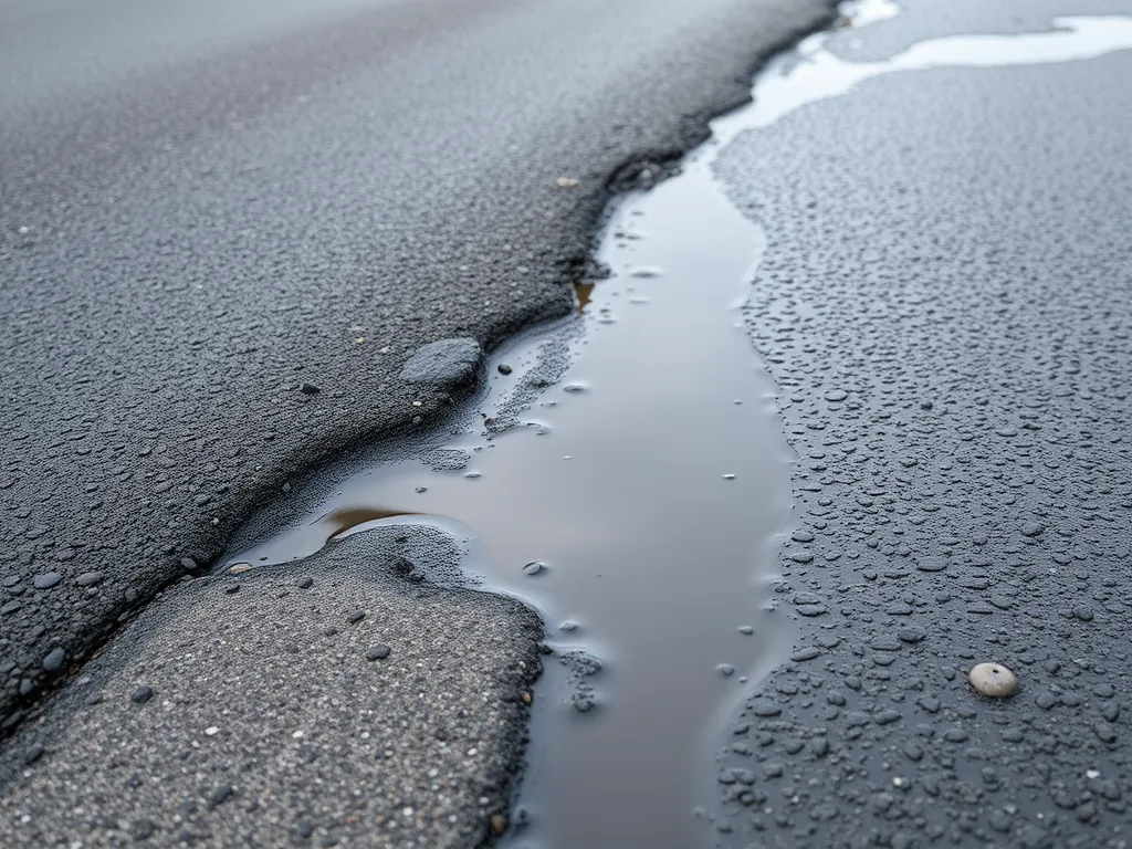 Close-up of asphalt surface showing water pooling, relevant to can asphalt be laid over concrete.