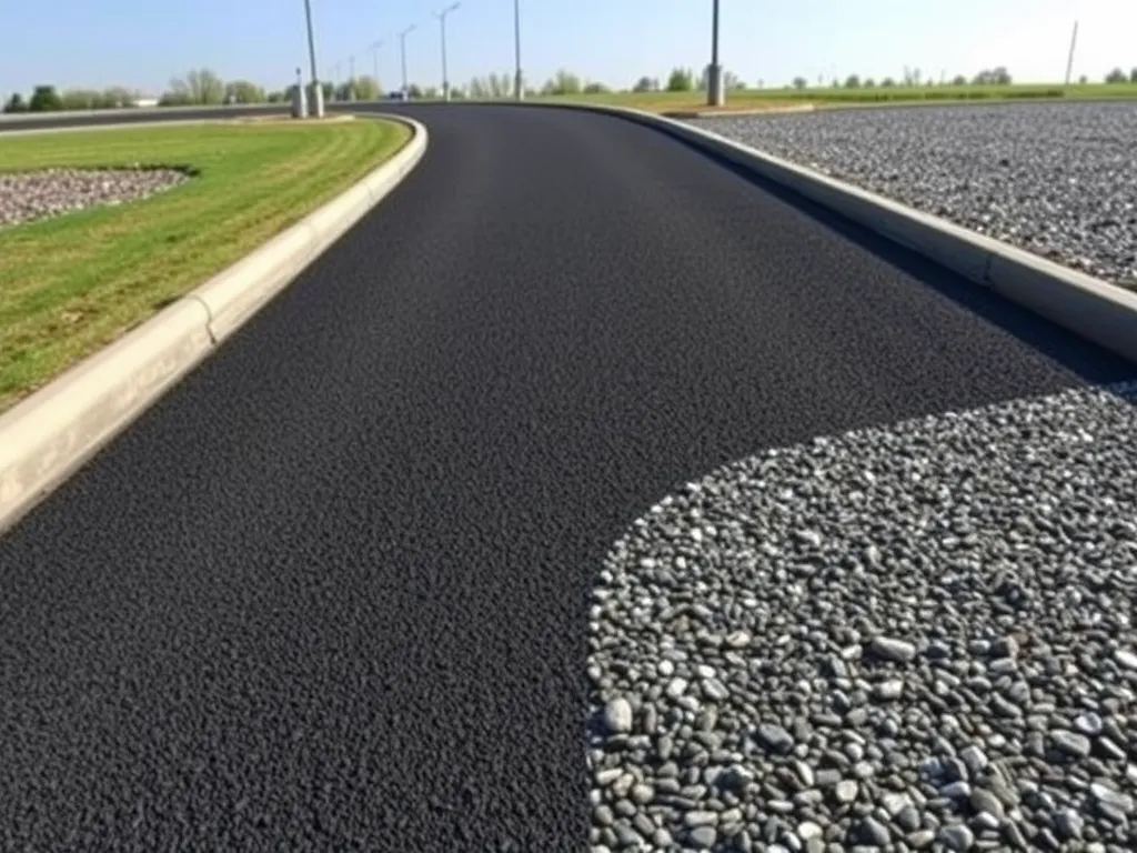 A newly asphalted road over a gravel surface, demonstrating asphalt installation.