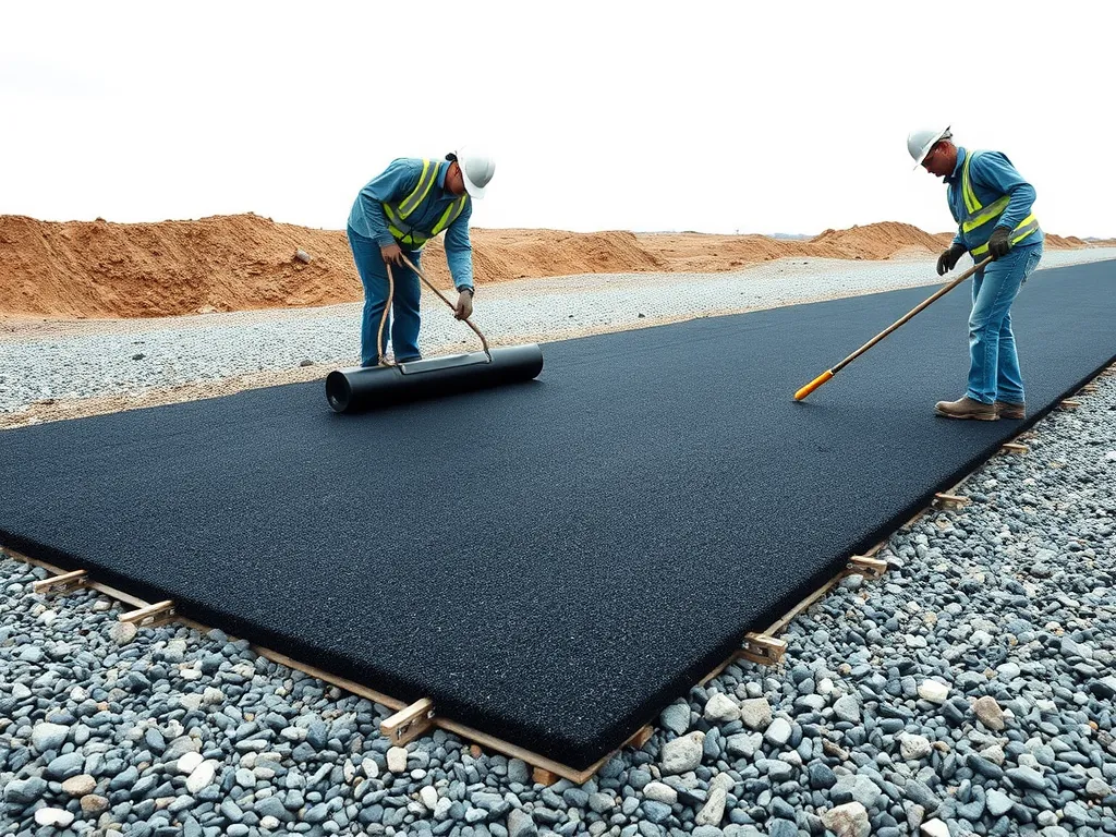 Workers applying asphalt over a gravel surface, illustrating the process of paving over gravel.