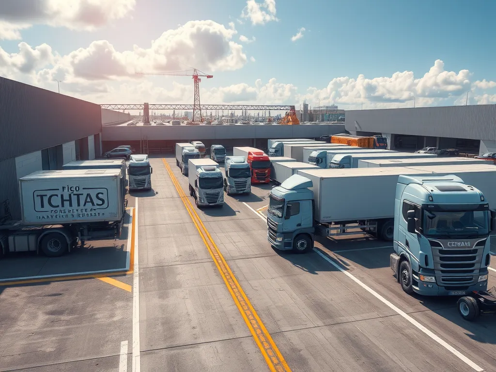 Aerial view of an asphalt parking lot designed for trucks, showcasing efficient layout and space utilization.