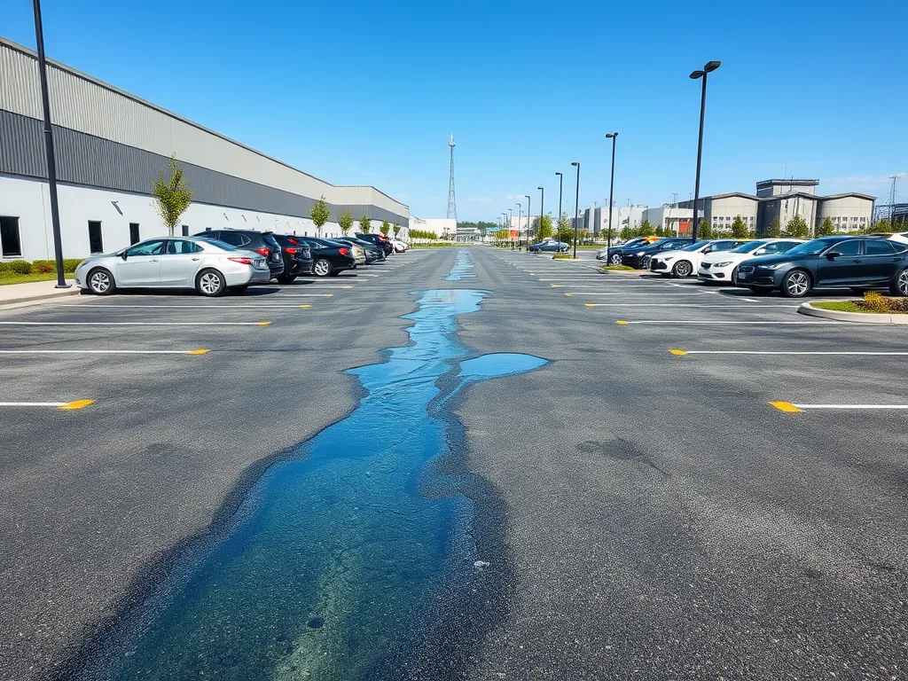 An asphalt parking lot showing multiple cars parked and a reflection on the surface, highlighting the durability of asphalt.