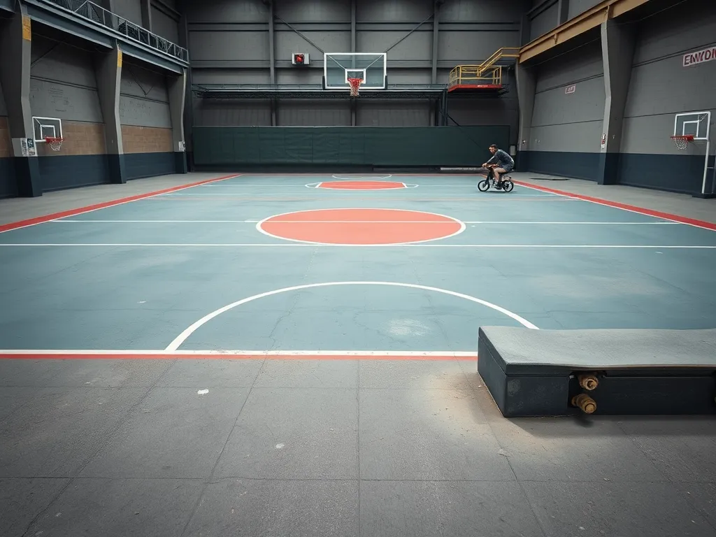 Indoor asphalt recreational area with a basketball court