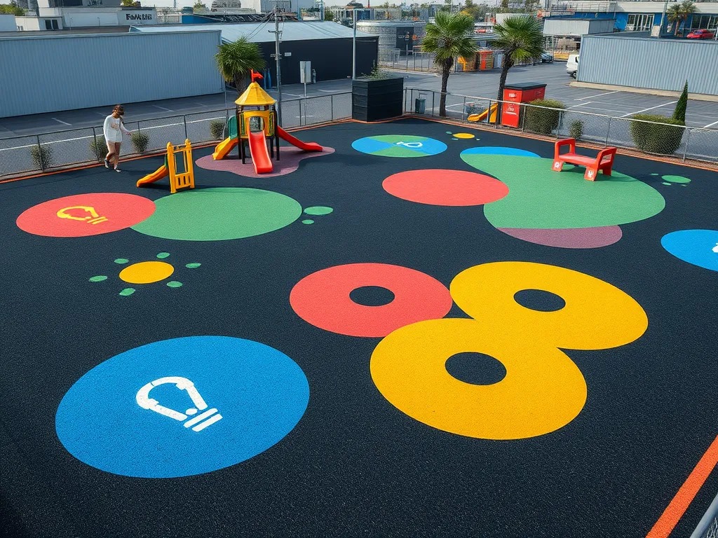 Colorful asphalt playground surface with play equipment, ideal for recreational areas design