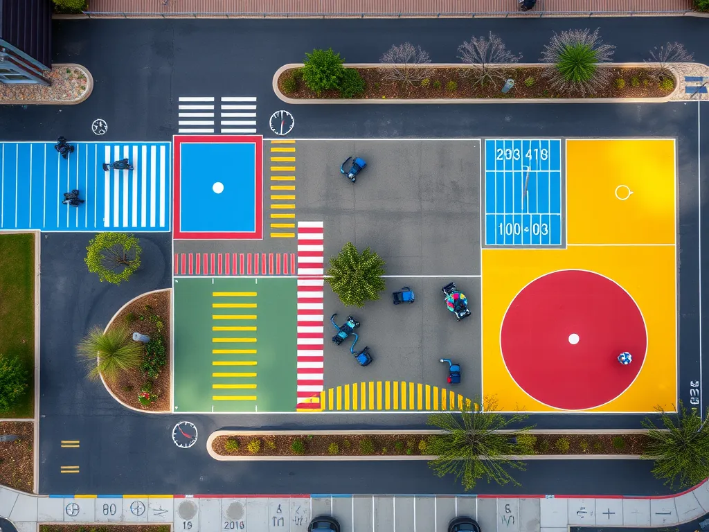 Aerial view of an asphalt recreational area featuring various multi-sport courts and colorful markings.