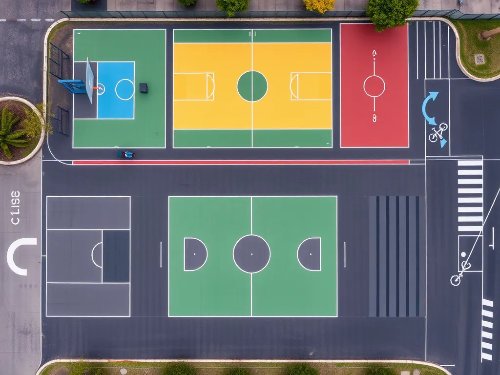 Aerial view of multi-colored asphalt recreational areas including basketball courts and bike lanes.