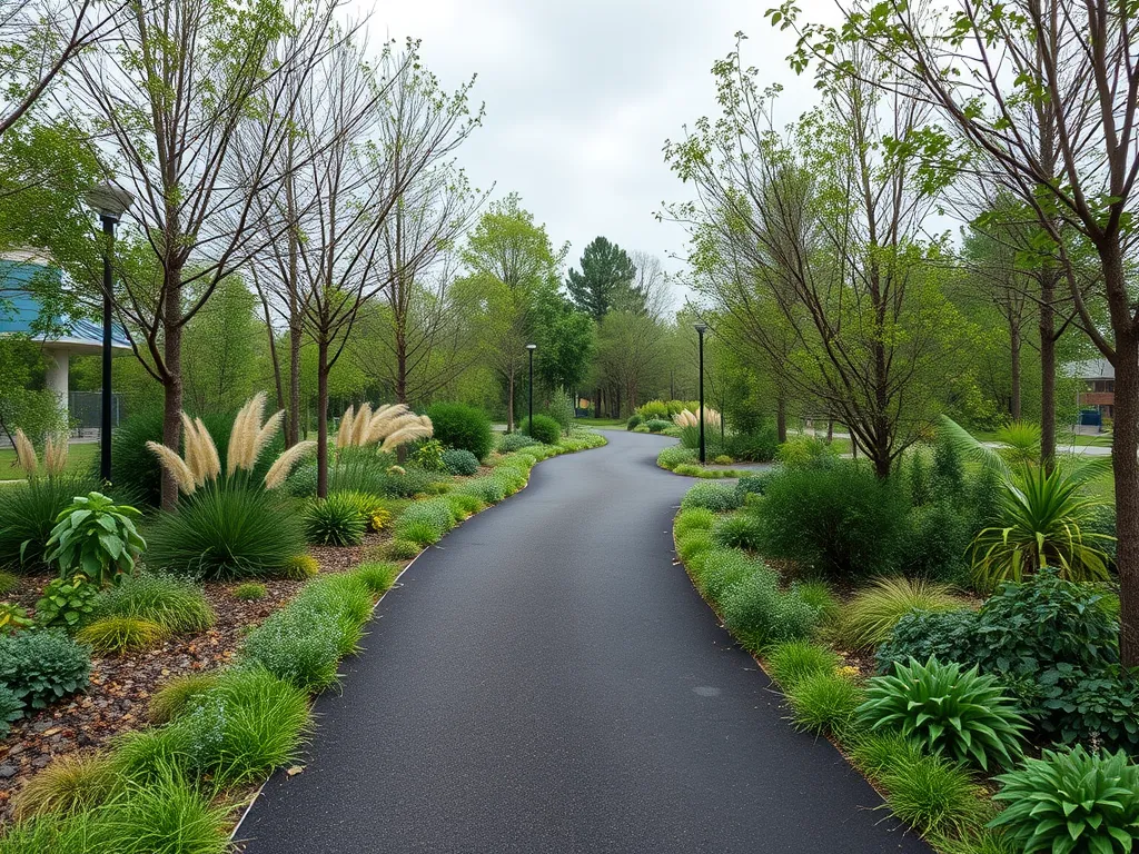 A landscaped path showcasing the environmental benefits of asphalt recycling in community development.