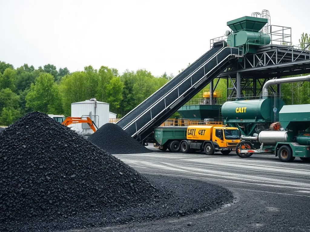 Asphalt recycling facility showcasing machinery and recycled asphalt in the community.