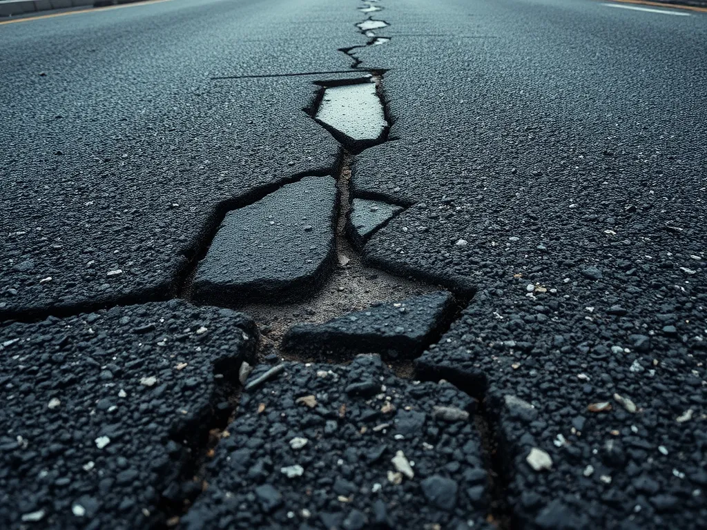 Cracked asphalt road highlighting challenges in repairing asphalt roads.