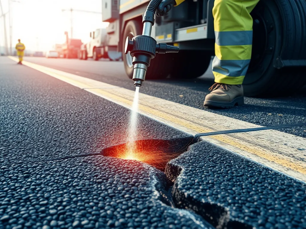 Worker performing efficient asphalt repair methods to extend asphalt life by sealing cracks