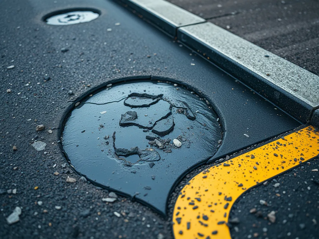Damaged asphalt road showing wear and tear with patched area, highlighting challenges in repairing asphalt roads