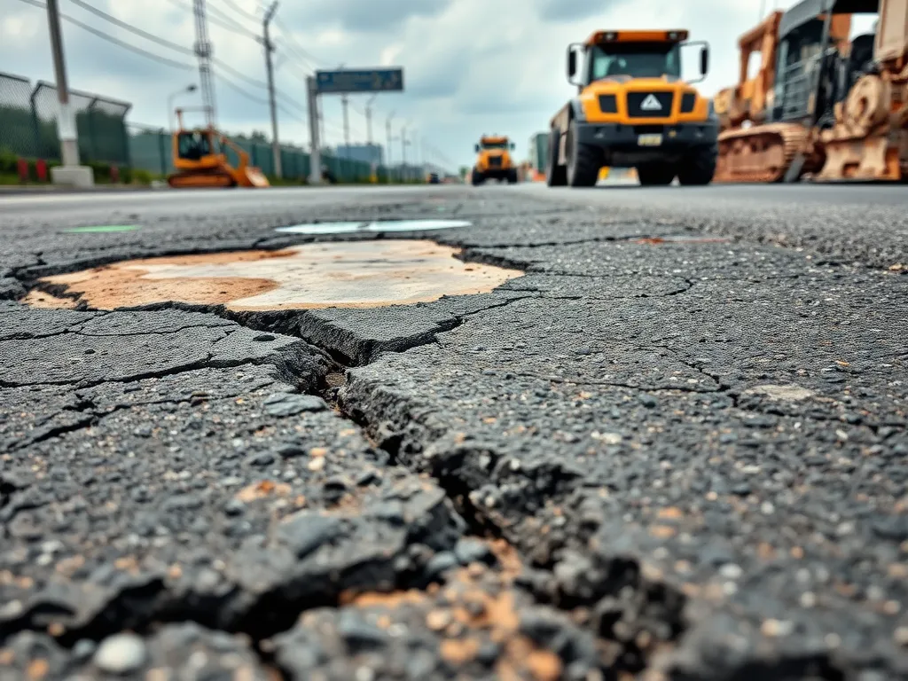 Cracked asphalt road surface highlighting challenges in repairing asphalt roads.