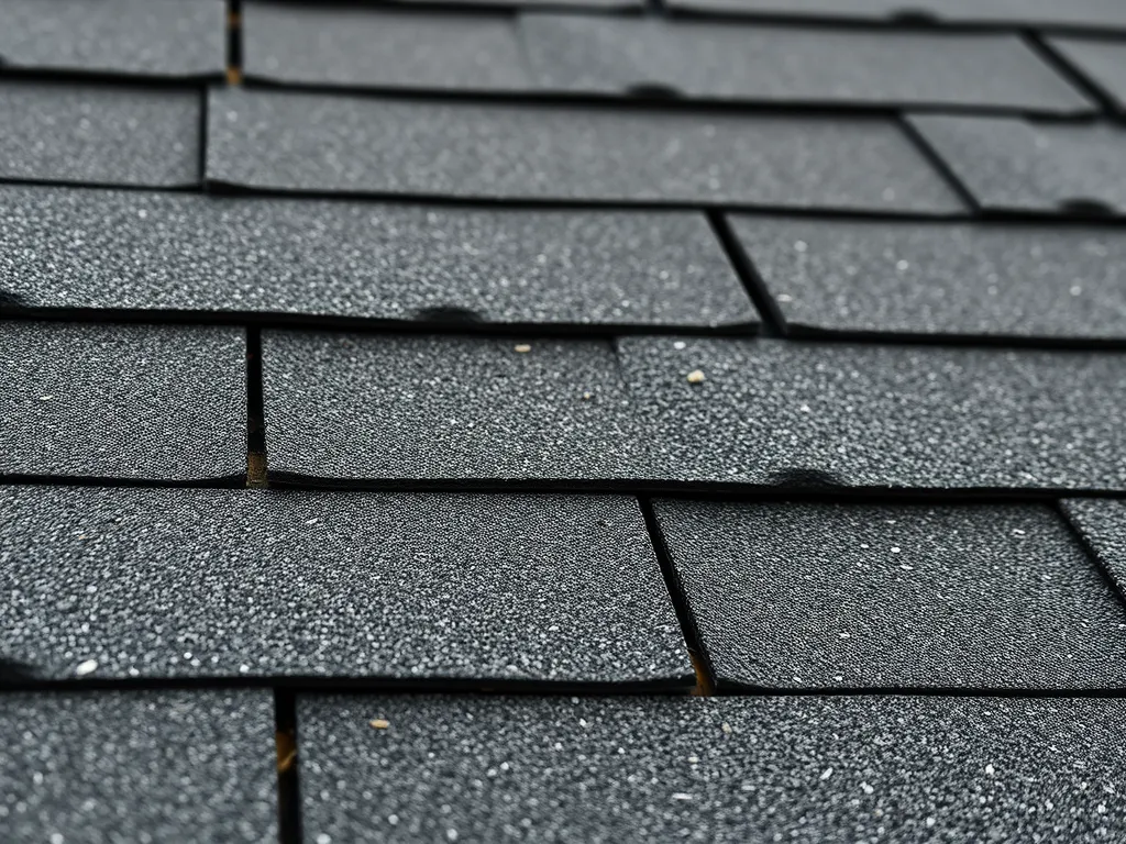 Close-up of asphalt shingles highlighting common roofing issues related to asphalt roofing.