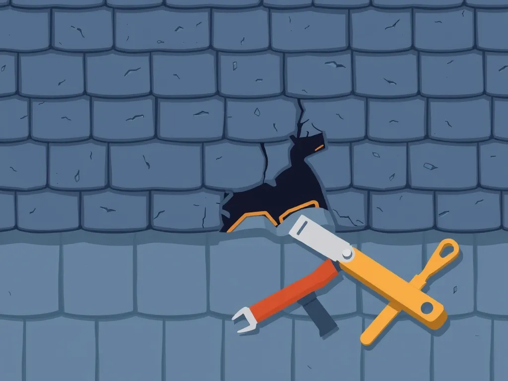 Damaged asphalt roof shingles with repair tools for common roofing issues