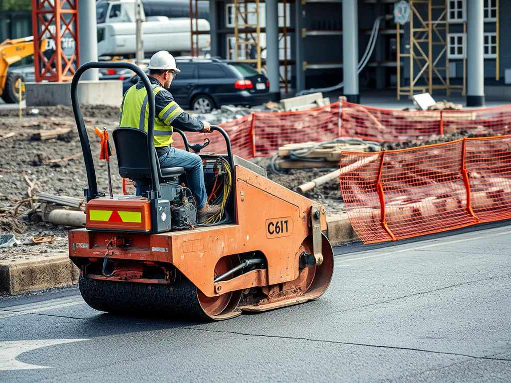 A construction worker operating a roller on asphalt, emphasizing community education on asphalt safety.