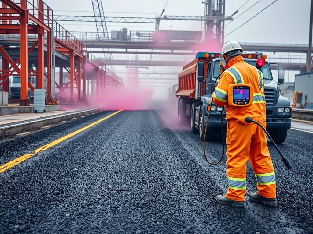 Worker in safety gear applying safety measures on asphalt for community education