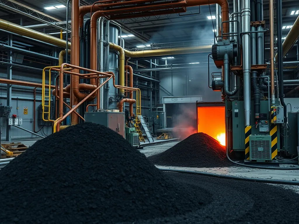 An industrial scene showing the production of asphalt for community education on asphalt safety.