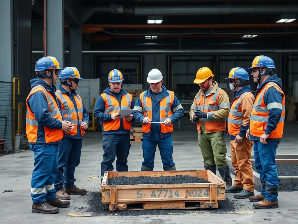 Group of workers in safety gear participating in hands-on asphalt safety training.