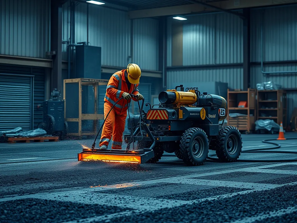 Training session on asphalt safety with a worker operating a machine in a workshop.