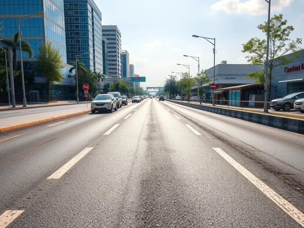 A wide asphalt road in an urban area showcasing common uses of asphalt in residential and commercial settings.