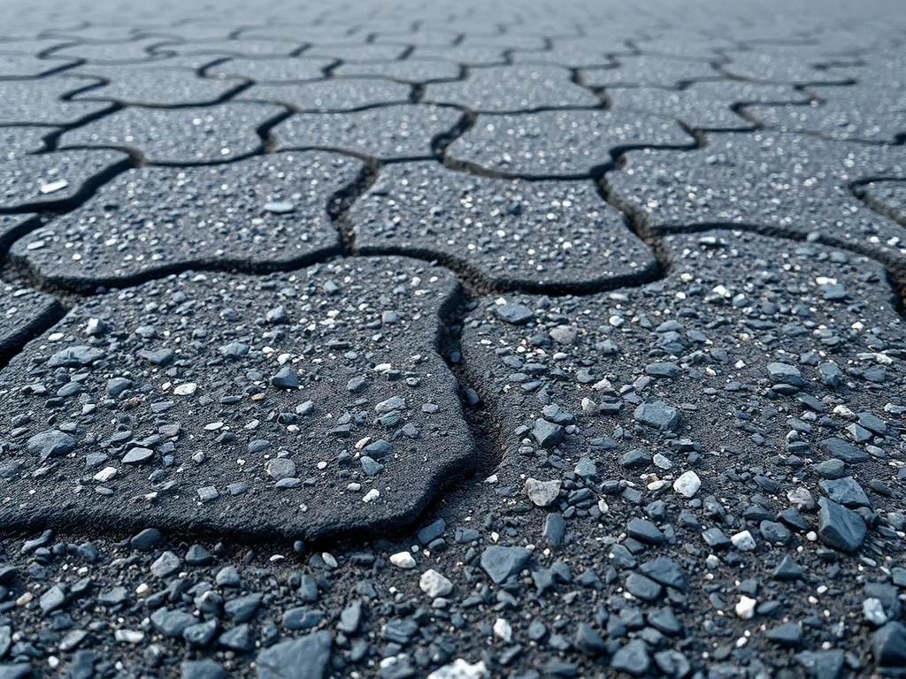 Close-up view of asphalt pavement texture, a key factor in comparative noise studies between asphalt and concrete.