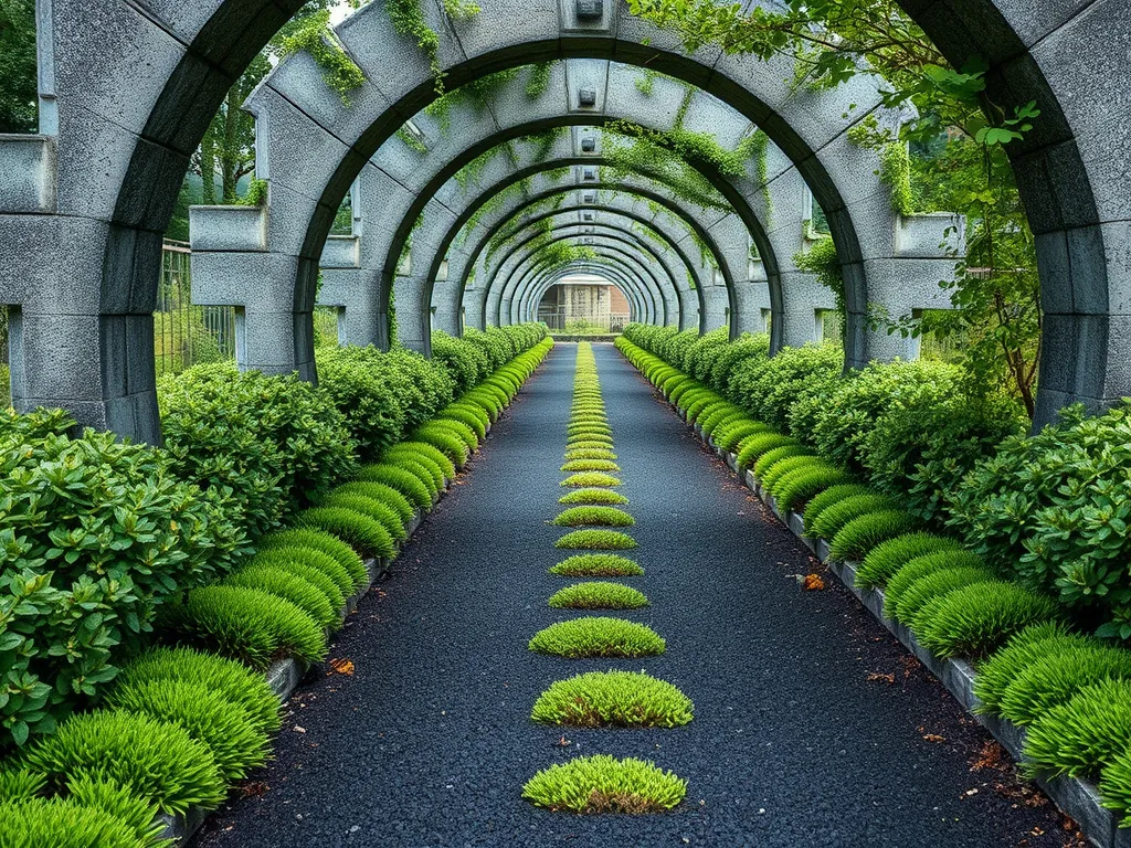 Lush green plants lining a beautifully designed asphalt walkway