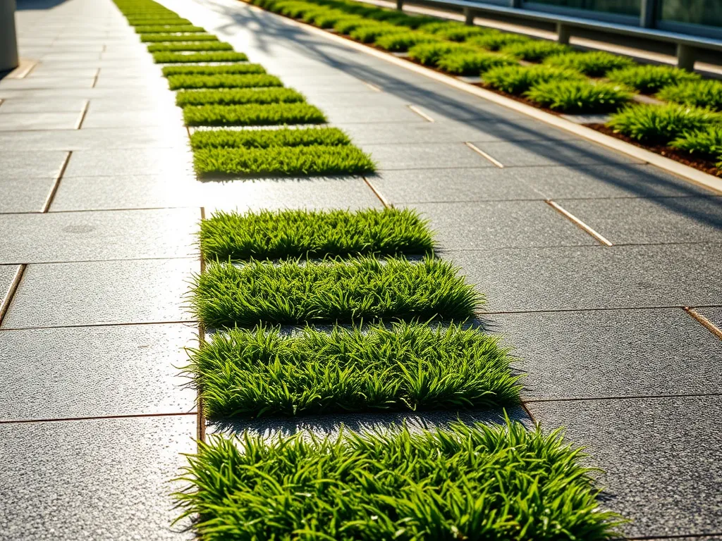 Asphalt walkway featuring green grass patches as part of modern design trends.