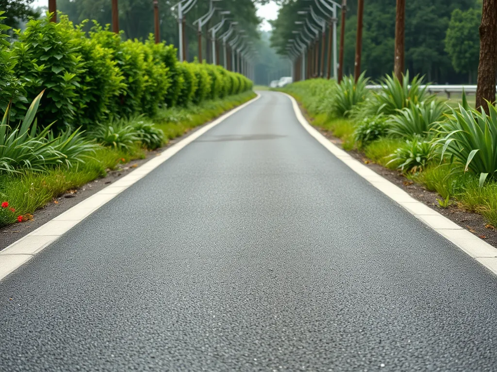 Asphalt walkway surrounded by lush greenery, showcasing modern design trends.