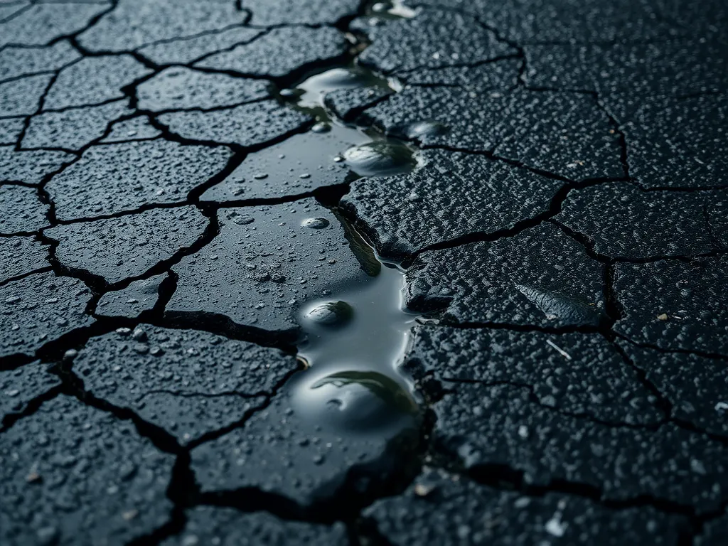 Puddles of water on cracked asphalt surface illustrating asphalt water absorption.