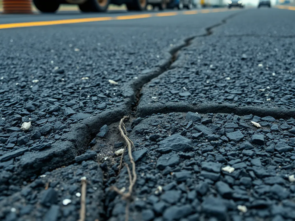 Cracked asphalt surface showing water absorption characteristics