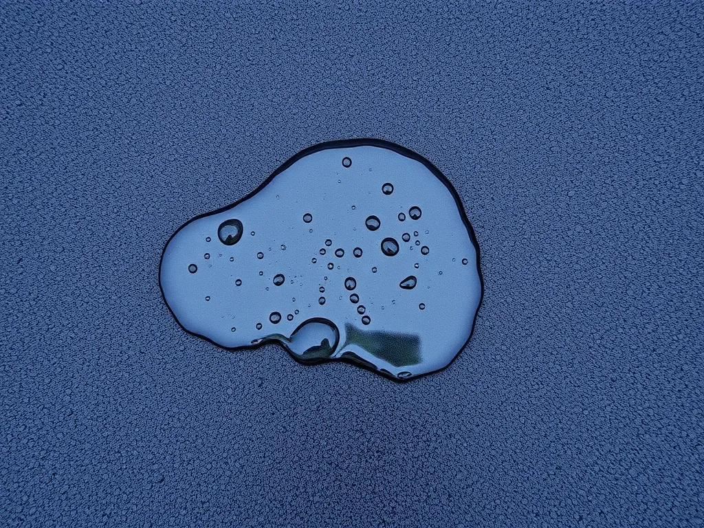Water droplets on asphalt surface demonstrating water absorption properties of asphalt.