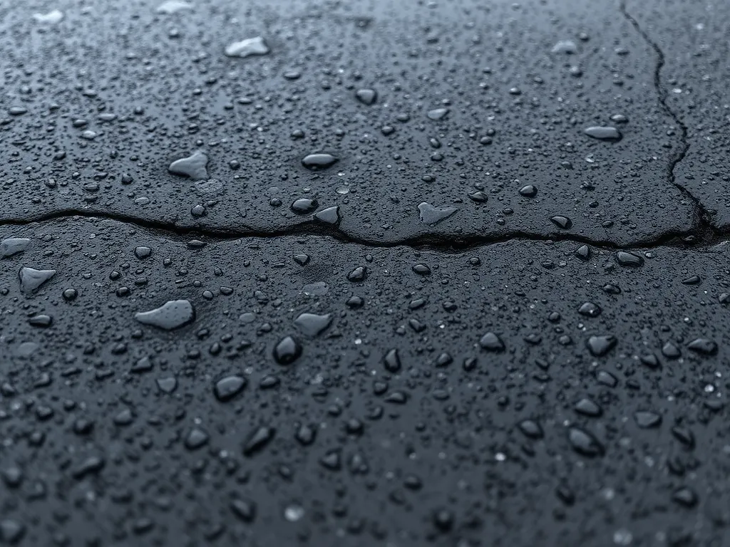 Close-up of water droplets on a cracked asphalt surface, illustrating water absorption in asphalt.