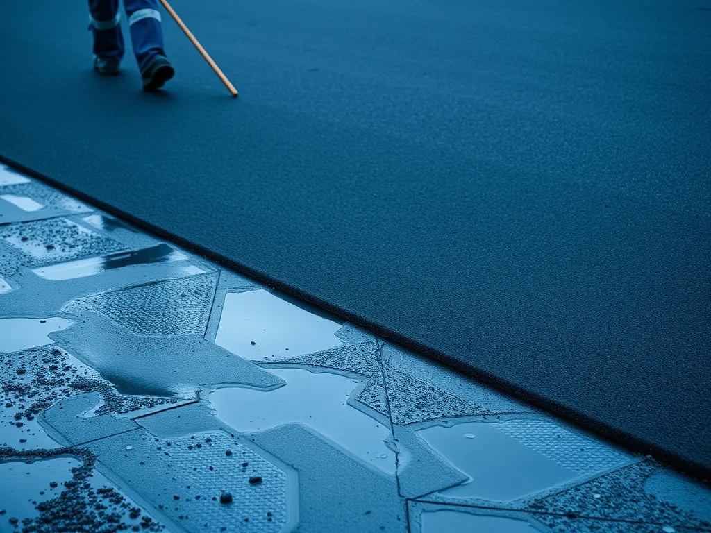 Worker laying asphalt on a wet surface, illustrating challenges in asphalt installation on wet ground.