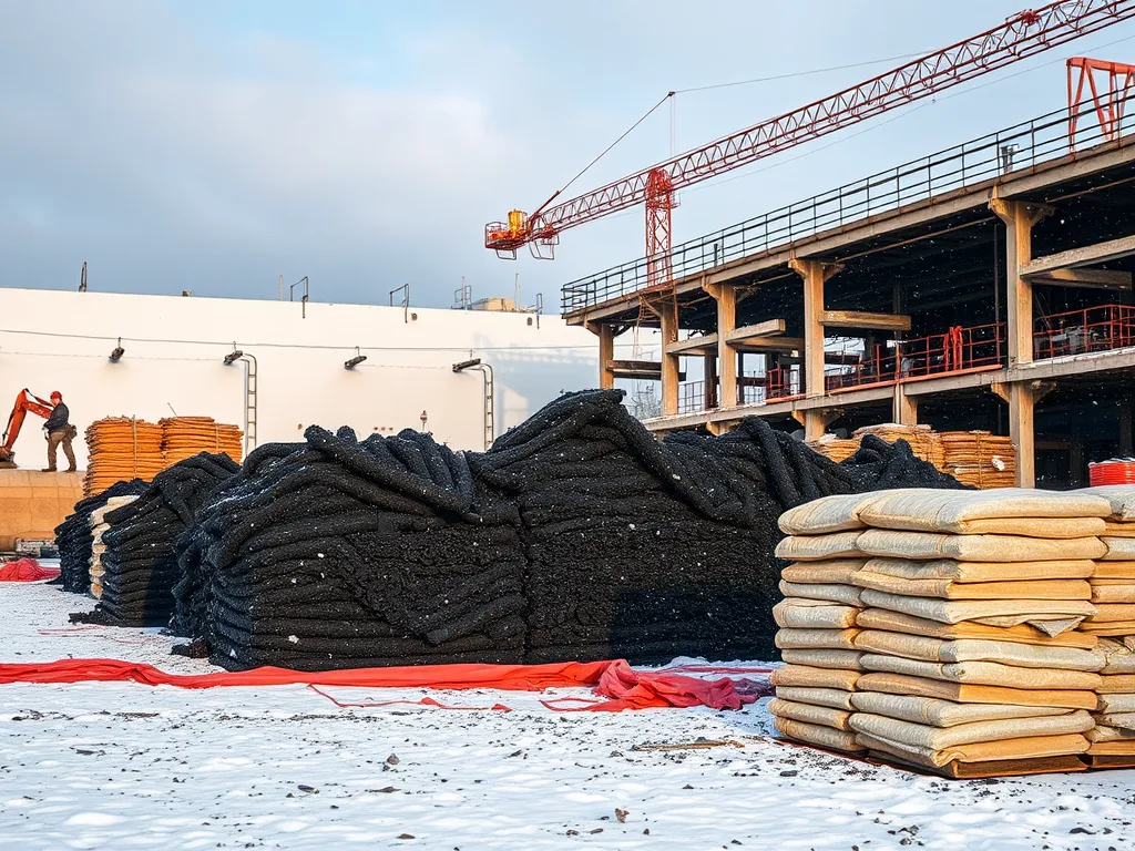 Stacks of asphalt materials ready for winter construction.