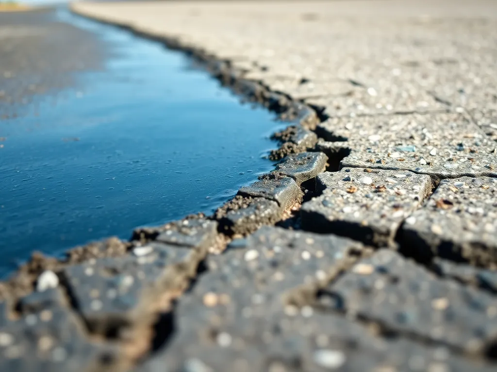 Cracked asphalt surface with water highlighting issues related to asphalt installation in winter.