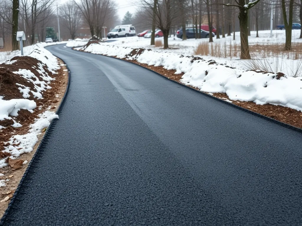 Freshly laid asphalt on a winter road, demonstrating asphalt installation during cold weather.