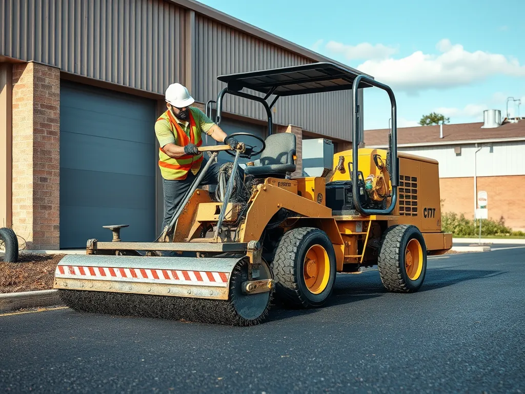 Worker using a machine for professional asphalt driveway repairs