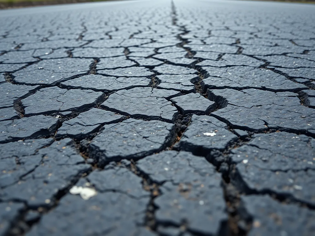 Cracked bitumen surface showing signs of aging and deterioration