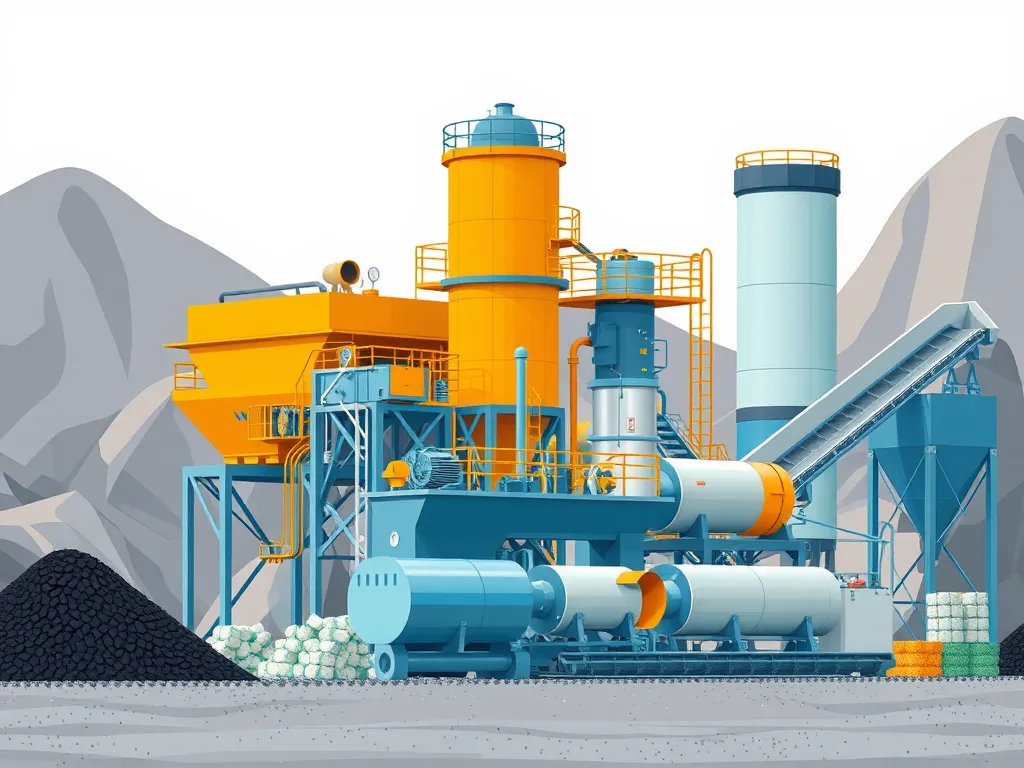 Illustration of a bitumen recycling plant with various machinery for processing asphalt.