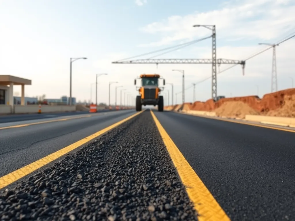 Construction of a road surface using bitumen, highlighting the use of asphalt and machinery.