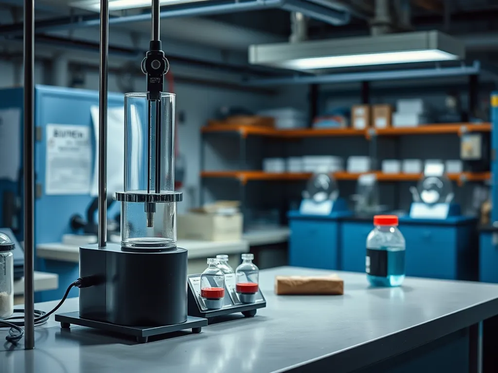 Laboratory setup for bitumen softening point testing with precise measurement instruments.