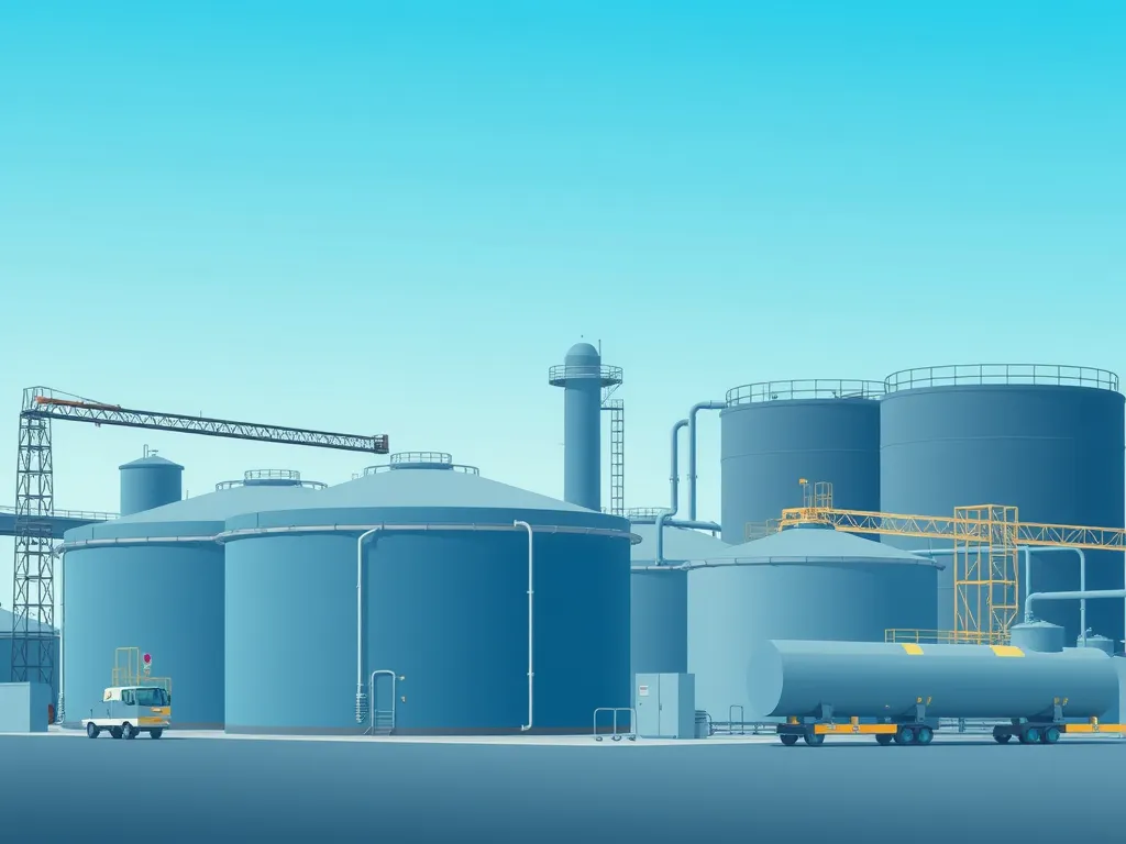 A modern bitumen storage facility with large tanks and transport vehicles optimized for safe handling of bitumen.
