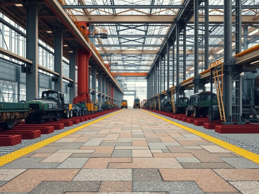 Interior view of a factory showcasing vehicles and equipment related to bitumen thermal conductivity.